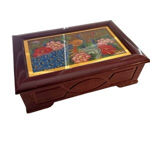 Renaissance jewelry Music Box Wood LEFTON China Peacock Floral Vintage 1987